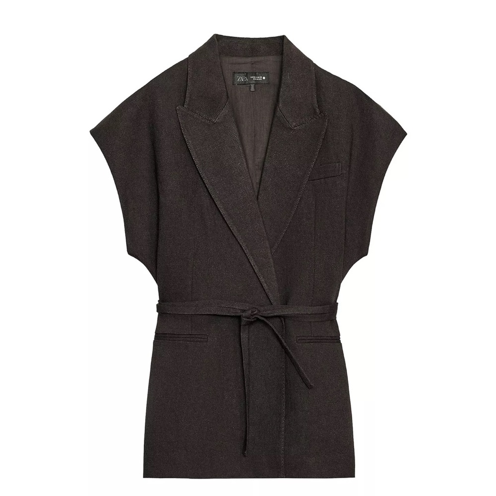Zara ZW COLLECTION DOUBLE BREASTED LINEN VEST Brown Sleeveless Belted Blazer L
